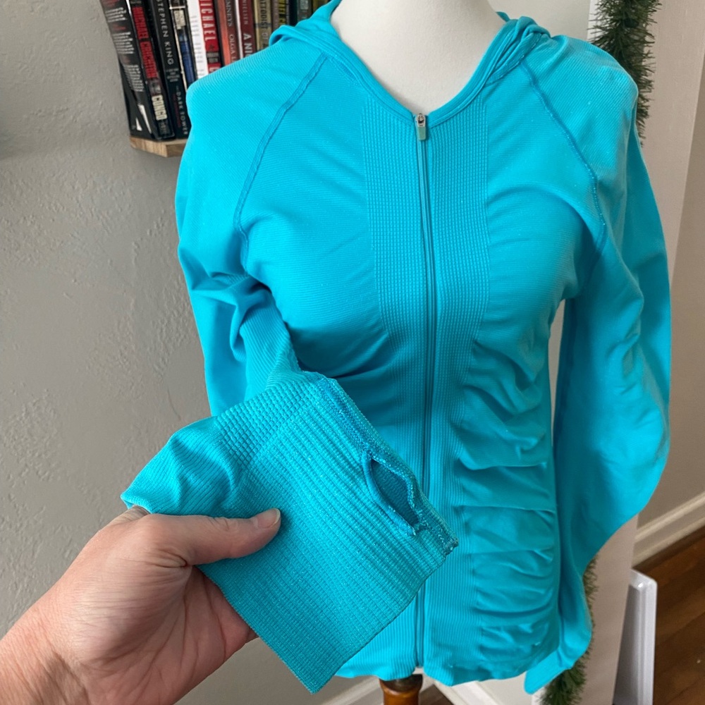 Athleta Blue Sparkle Ruched Full Zip Hooded Slimming Active Sport Yoga Jacket L - Picture 3 of 7